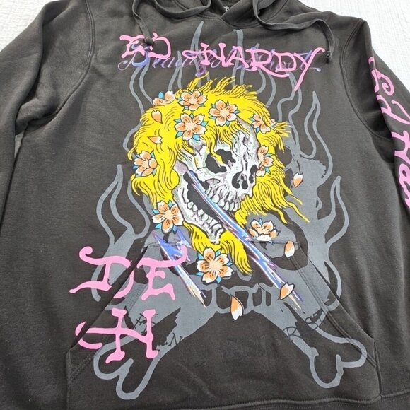 Ed Hardy Hoodie Men's L Black Pullover Sweatshirt Skull Grunge Goth Skate NEW - Picture 2 of 14